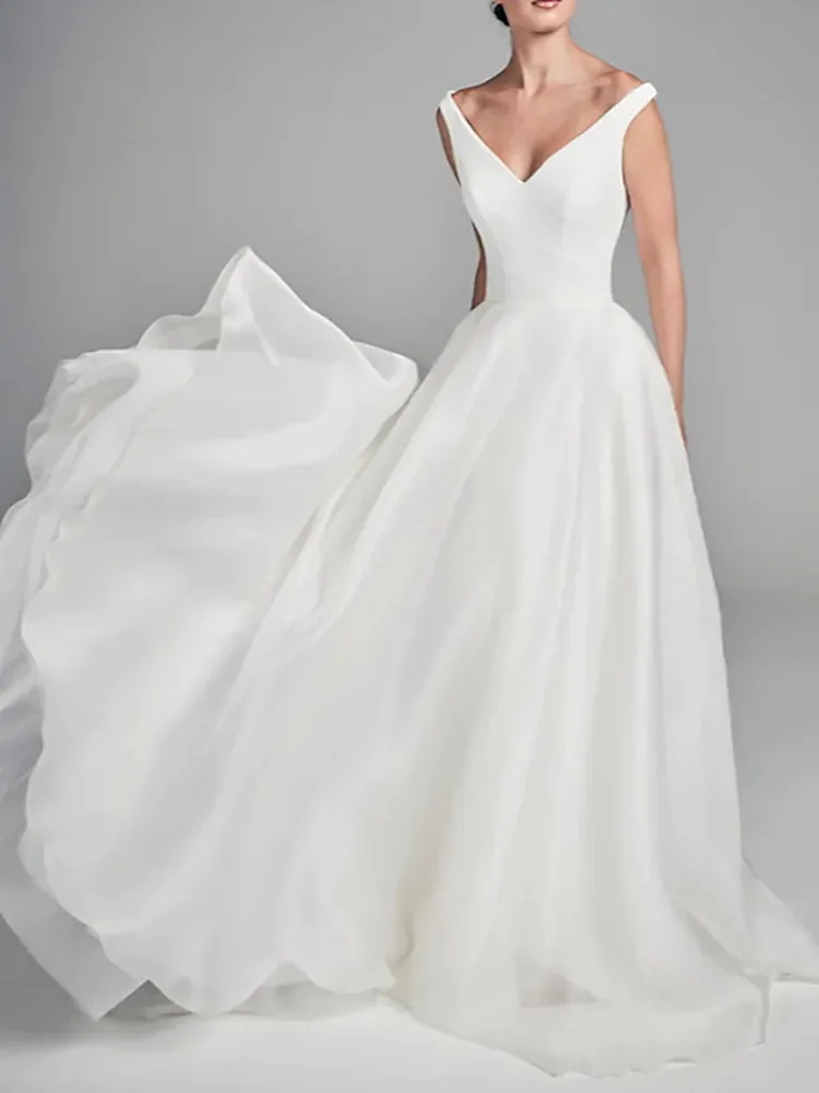 

New Simple Long Wedding Dress for Women Bride 2023 V Neck Court Train Short Sleeve with Draping Party Vestido De Noiva Summer