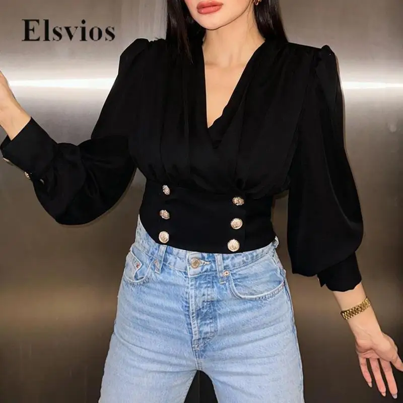 

Sexy Pleat Deep V Neck Slim Women's Shirt Office Autumn Casual Solid Fashion Tops Commuting Elegant Lantern Sleeve Botton Blouse