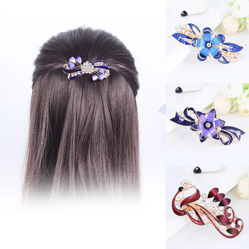 

EASYA New Fashion Enamel Hair Barrettes Headwear Women Girls Crystal Rhinestone Flower Peacock Hairpin Hair Accessories