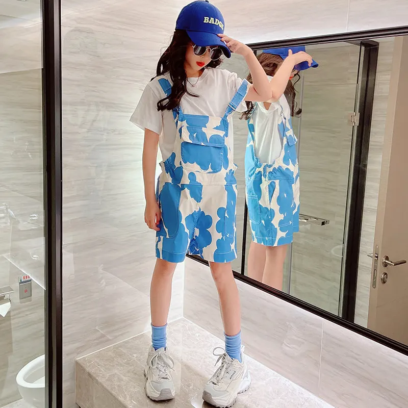 Fashion Girls Clothing Sets Summer New Arrival Blue Camouflage Suspender Shorts + T Shirts Two Pieces Children's Costume Outfits