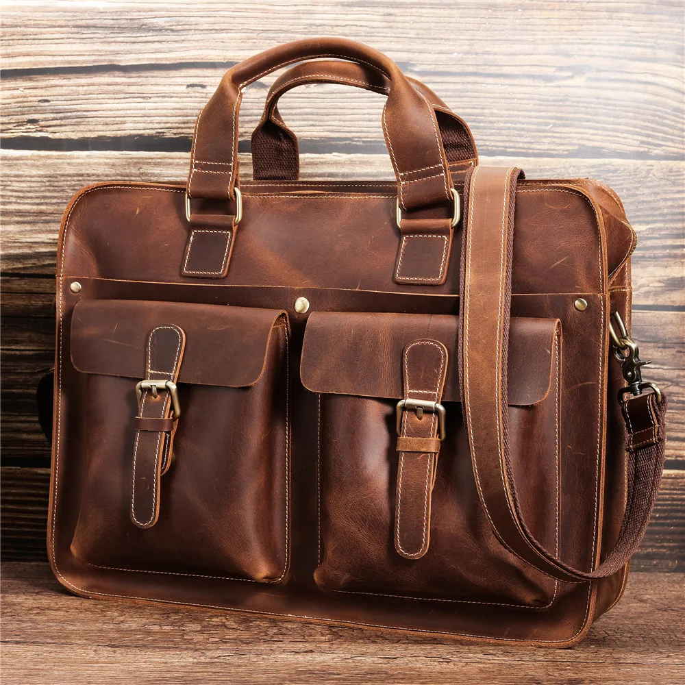 Retro Laptop Briefcase Bag Genuine Leather Handbags Casual 15.6 Pad Bag Daily Working Tote Bags Men Male bag for documents