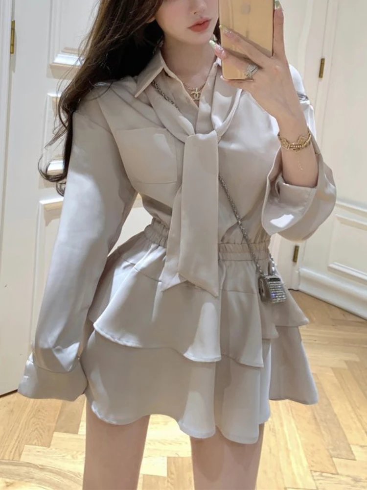 

Deeptown Korean Style One Piece Beige Shirt Dress Women Office Ladies Chic Ruffles Layered Long Sleeve Tunic Mini Dresses Summer