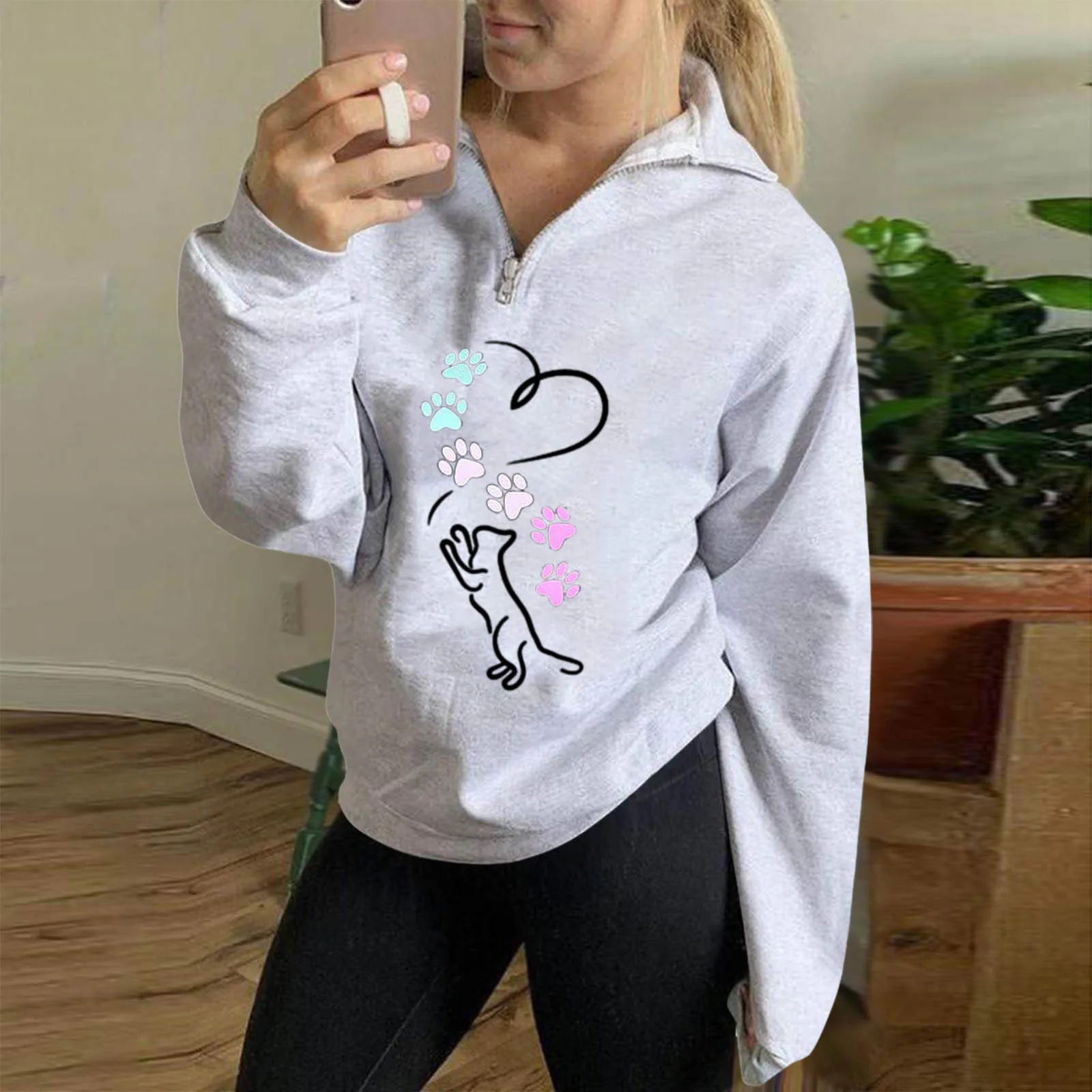 

Zipper Sweatshirt Jacket Women Ladies Autumn/Winter Sweater Zipper Lapel Fashion Printed Sweatshirt Pullover Top Athletic Zip