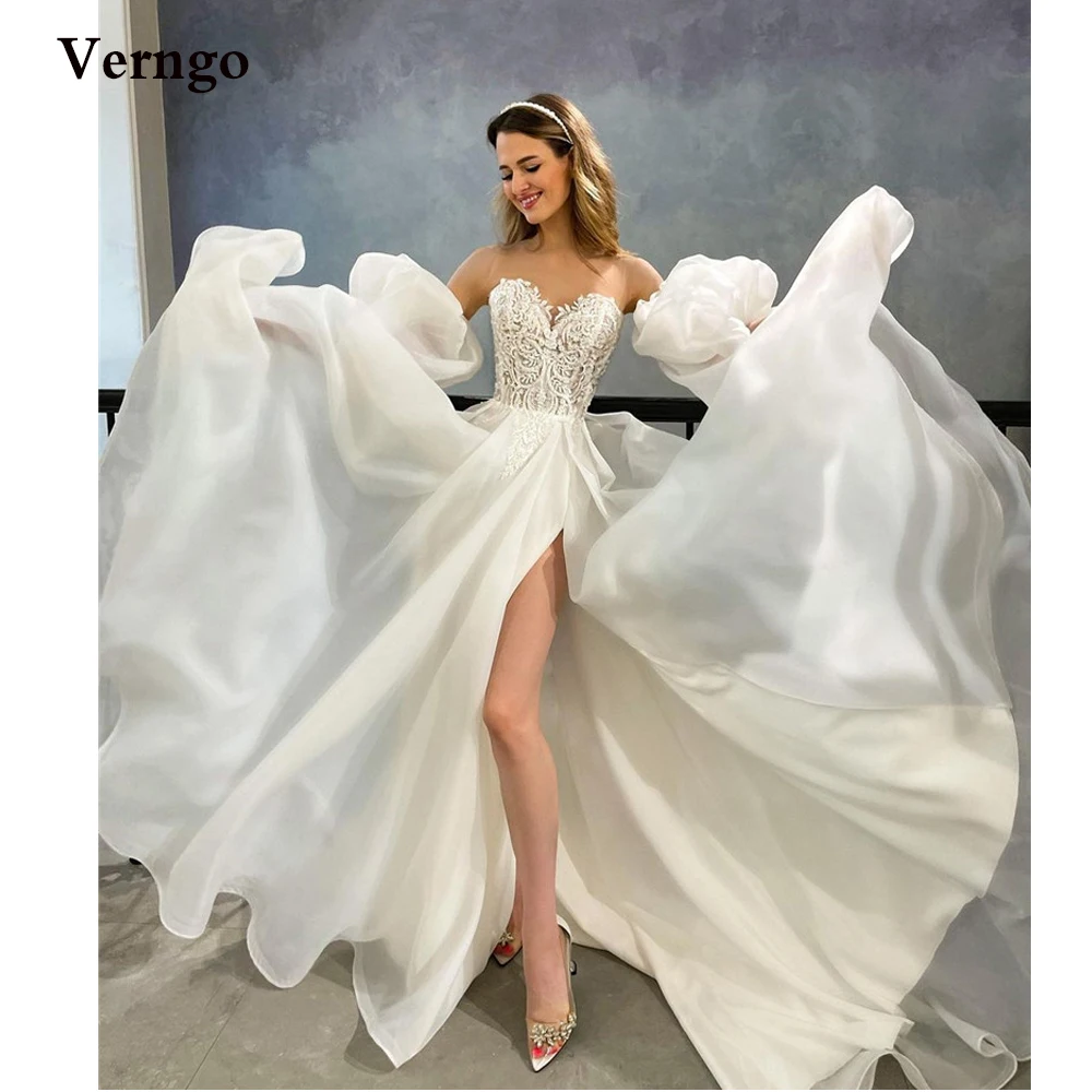 

Verngo A Line Organza Wedding Dresses Short Puff Sleeves Lace Top Sweetheart Side Slit Bridal Gowns Sweep Train Robe de mariage