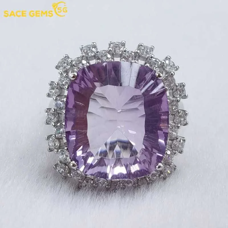 SACE GEMS Fashion Resizable 13*15MM Natual Amethyst Rings for Women 925 Sterling Silver Wedding Party Fine Jewelry Festival Gift