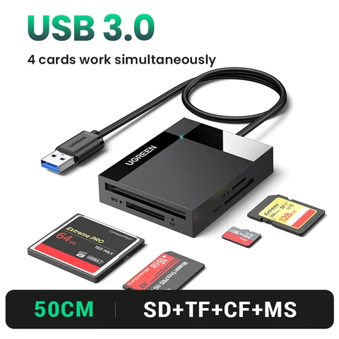 UGREEN кардридер 4-в-1 USB3.0/USB-C SD Micro SD TF CF MS Compact Flash Card адаптер для ноутбука ПК Мульти OTG Смарт-кард-ридер - изображение