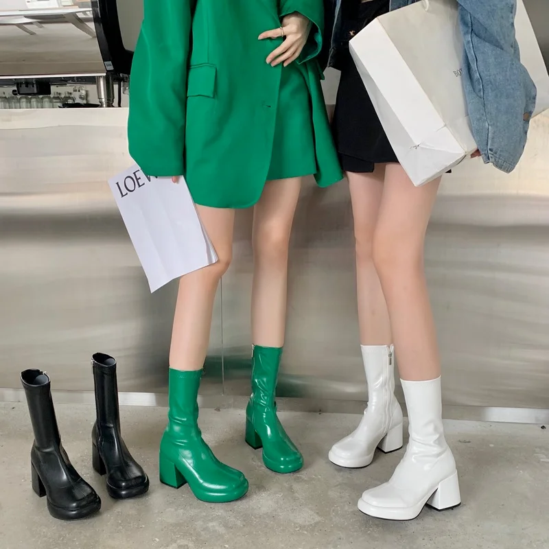 

Женские высокие кожаные сапоги, сапоги до колена на платформе и толстом каблуке, с квадратным носком, Осень-зима 2022