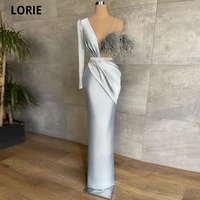 lorie vintage sliver one sleeve prom dresses floor length mermaid pleated feathers satin celebrity evening gowns robes de soir%c3%a9e