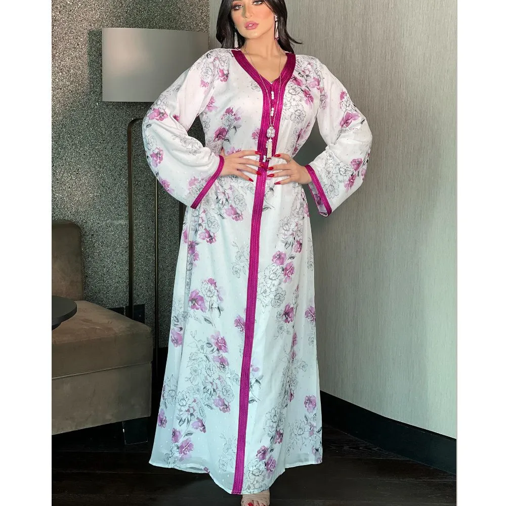 

Women's Dress Long Dress Muslim Party Clothing Abaya Gold Wire Floral Print Women's Clothing Dubai Arab Middle East Ethnic Style