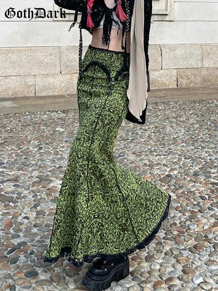 Goth Dark Fairycore Grunge Vintage Green Mermaid Skirts Gothic Aesthetic High Waist Women Sexy Long Skirt Ruffles Slim Partywear