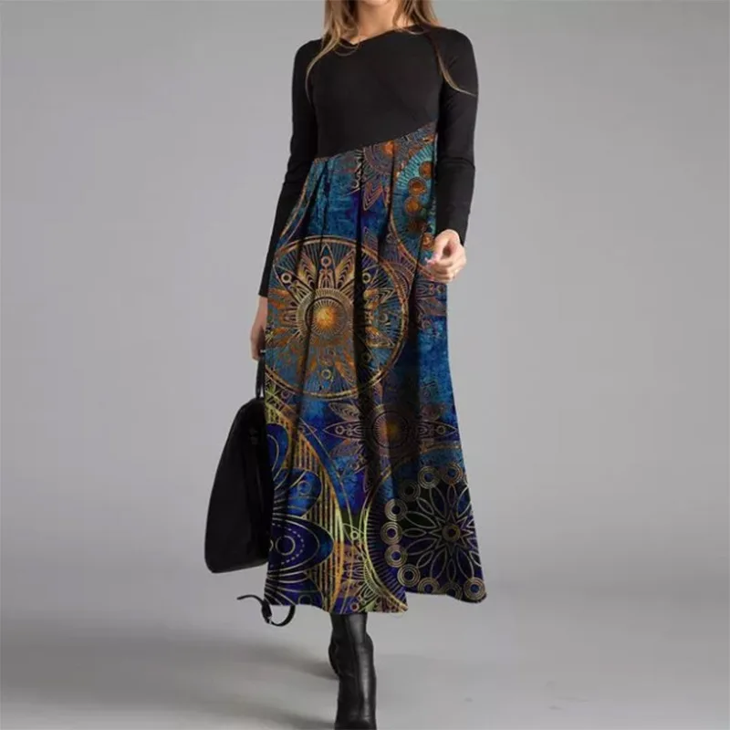 

Elegant Women's Autumn/Winter Vintage Print Long Sleeve Slim Fit Long Dress Woman Fashion Splicing Asymmetric Vacation Vestidos