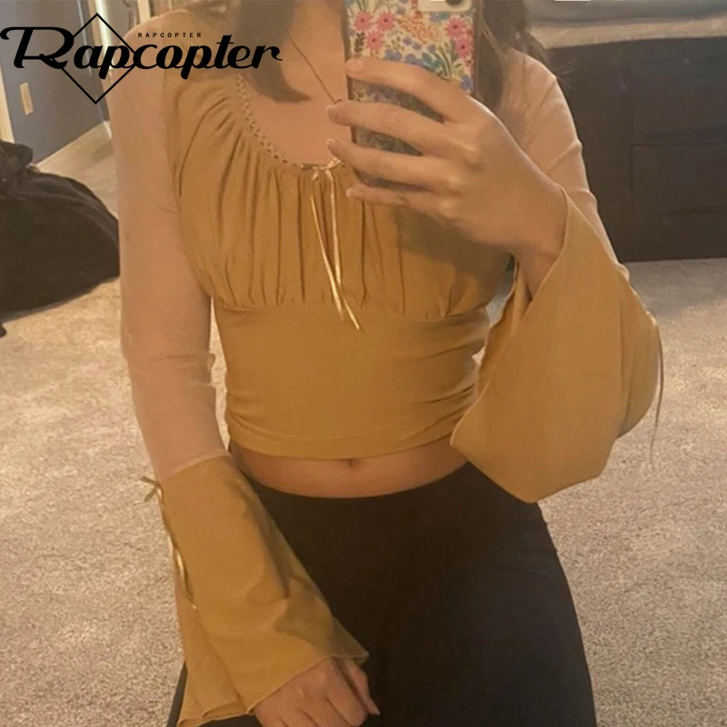 

Rapcopter y2k French Vintage Crop Top O Neck Bow Folds T Shirt Women Flare Full Sleeve Cute Autumn Chic Tee Sweet Fairycore 90s