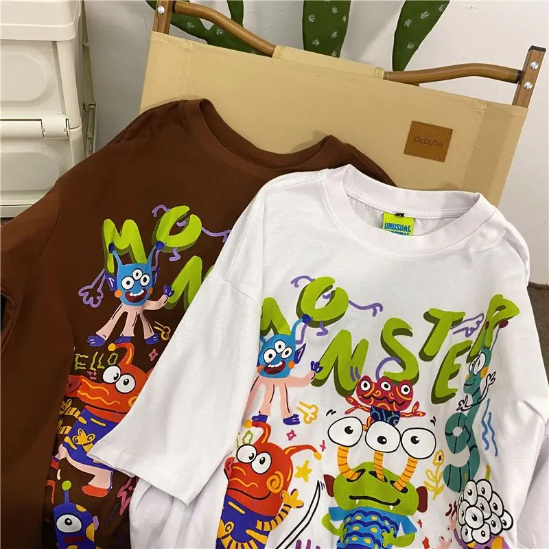 

Funny Graffiti Cartoon Print Short Sleeve Cotton T-shirts Women American Retro Summer New Aesthetic Y2k Korean Japanese T-shirts