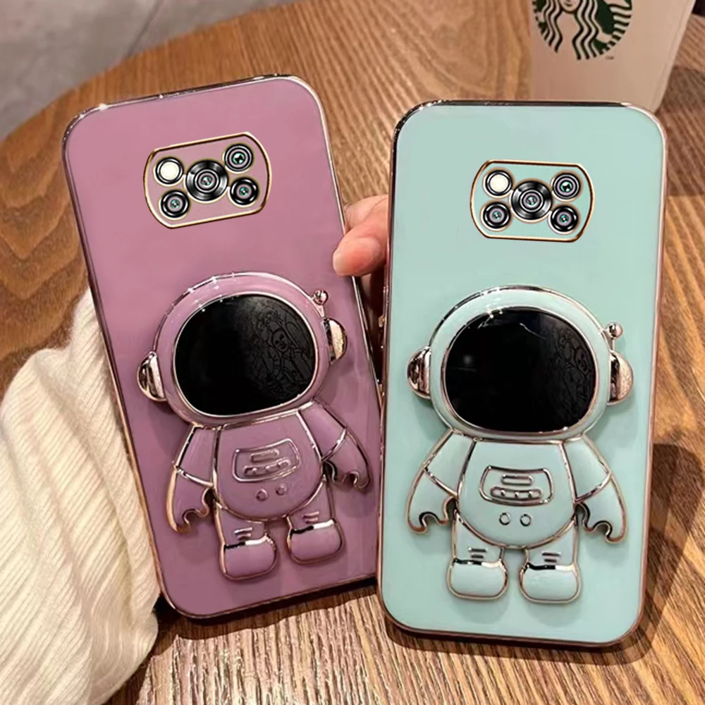 6D Plating Astronaut Fold Stand Phone Case for Xiaomi Mi 11 11i 11X 11T 12 12X Poco C31 X2 X3 NFC M2 M3 M4 Pro F3 GT Soft Cover