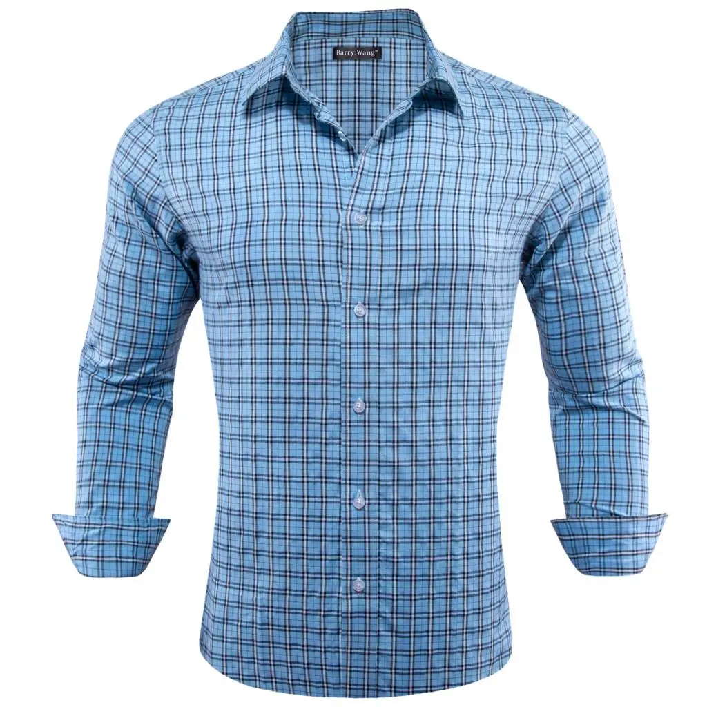 

Luxury Silk Shirts for Men Sky Blue White Plaid Stripes Long Sleeve Slim Fit Male Blouse Casual Formal Tops Barry Wang