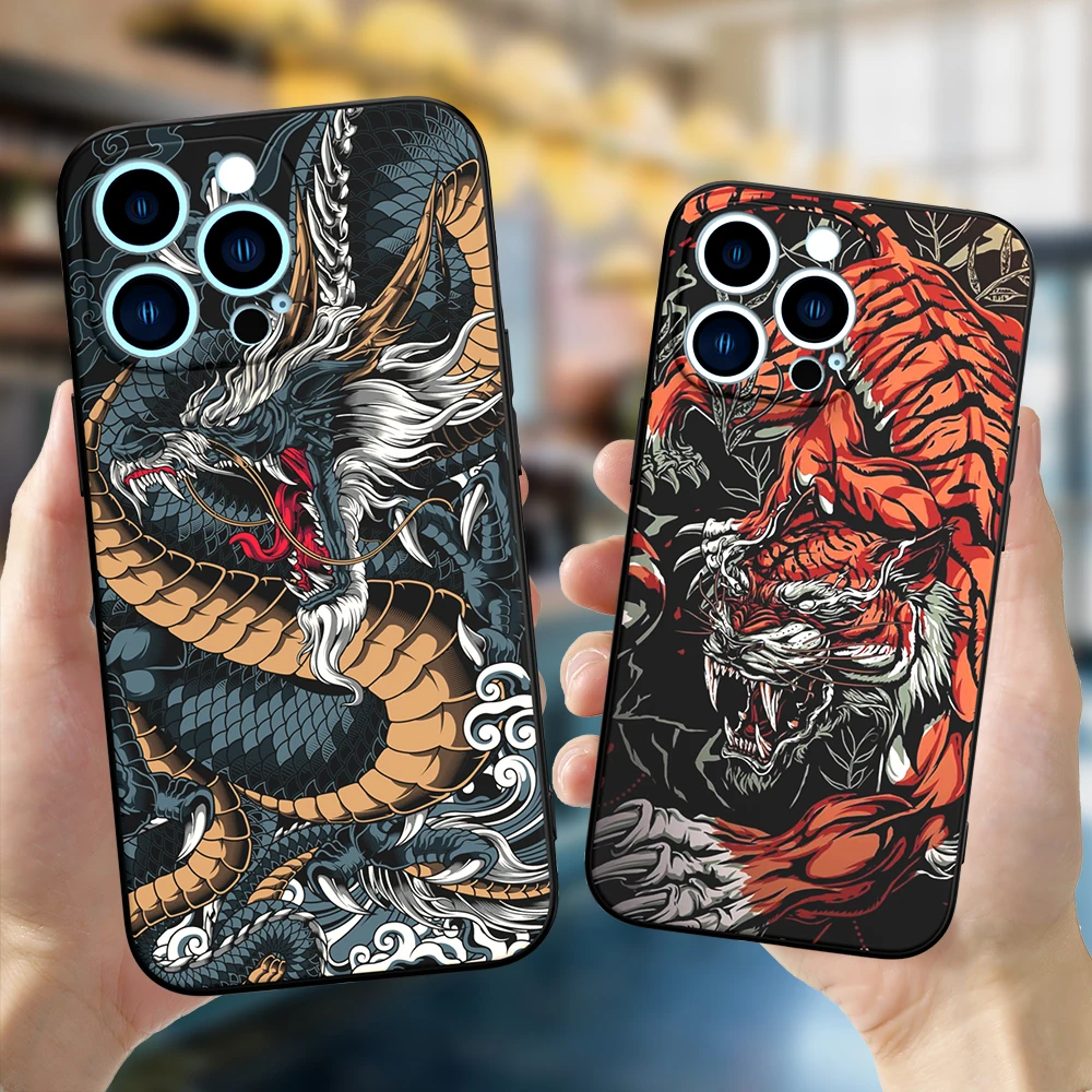 

Black tpu case for apple iphone 14 13 5 5s se 2020 6 6s 7 8 plus x 10 XR XS 11 12 mini pro MAX back cover tiger chinese dragon