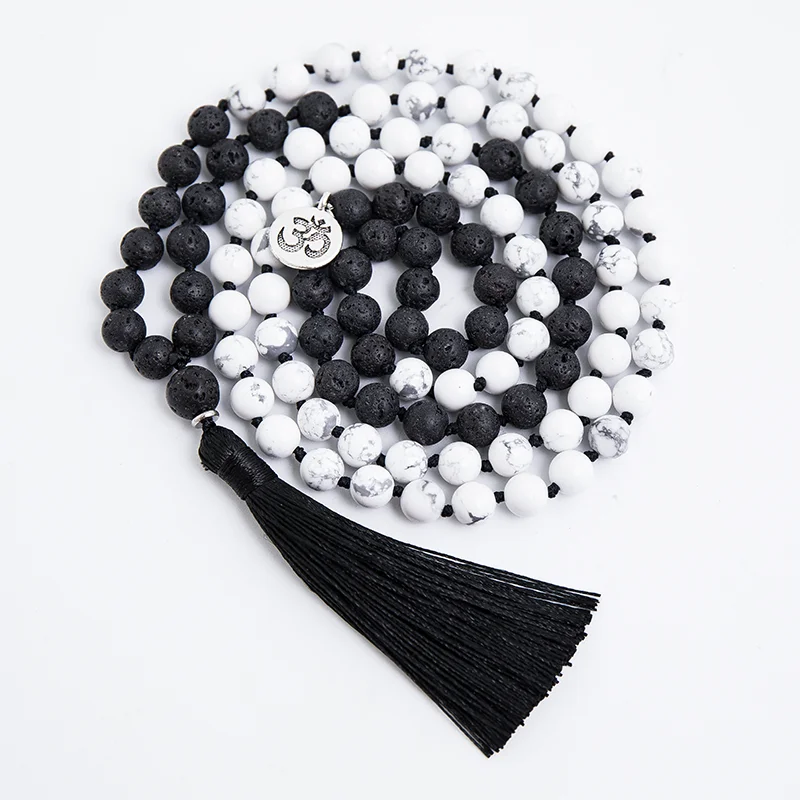 

8mm Black Lava Stone Howlite108 Mala Beads Knotted Necklace Meditation Yoga Prayer Japamala Rosary with Tassel Jewelry