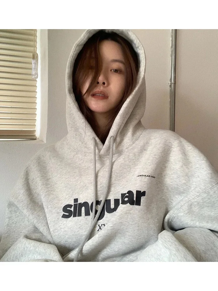 

Корейская уличная одежда, зимние теплые серые толстовки, женские модные бархатные свободные черные толстовки оверсайз в стиле K-POP, 2023