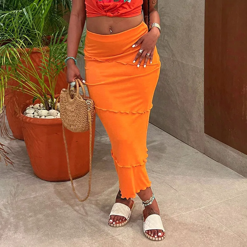 

Orange Skirt Women Summer Mesh Sheer Bottoms High Waist Slim Pencil Skirt Solid Color Dress Female Harajuku Long Skirts Fashion