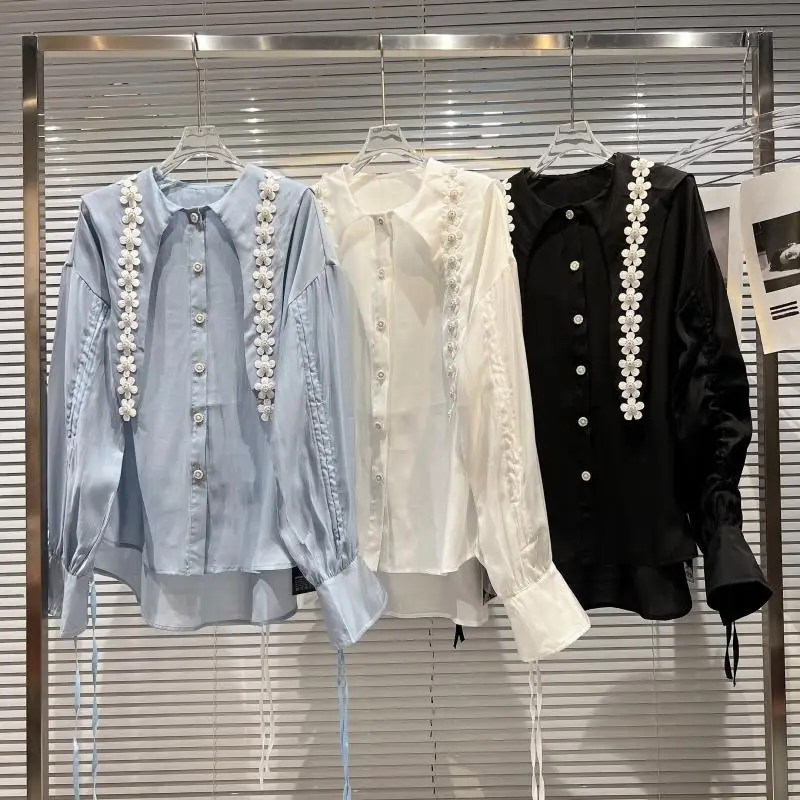 

2022 New Spring Women Clothes Rhinestone Flower Spiky Turn-down Collar Fairy Shirt Short Front Long Back Elegant Lady Tops Solid