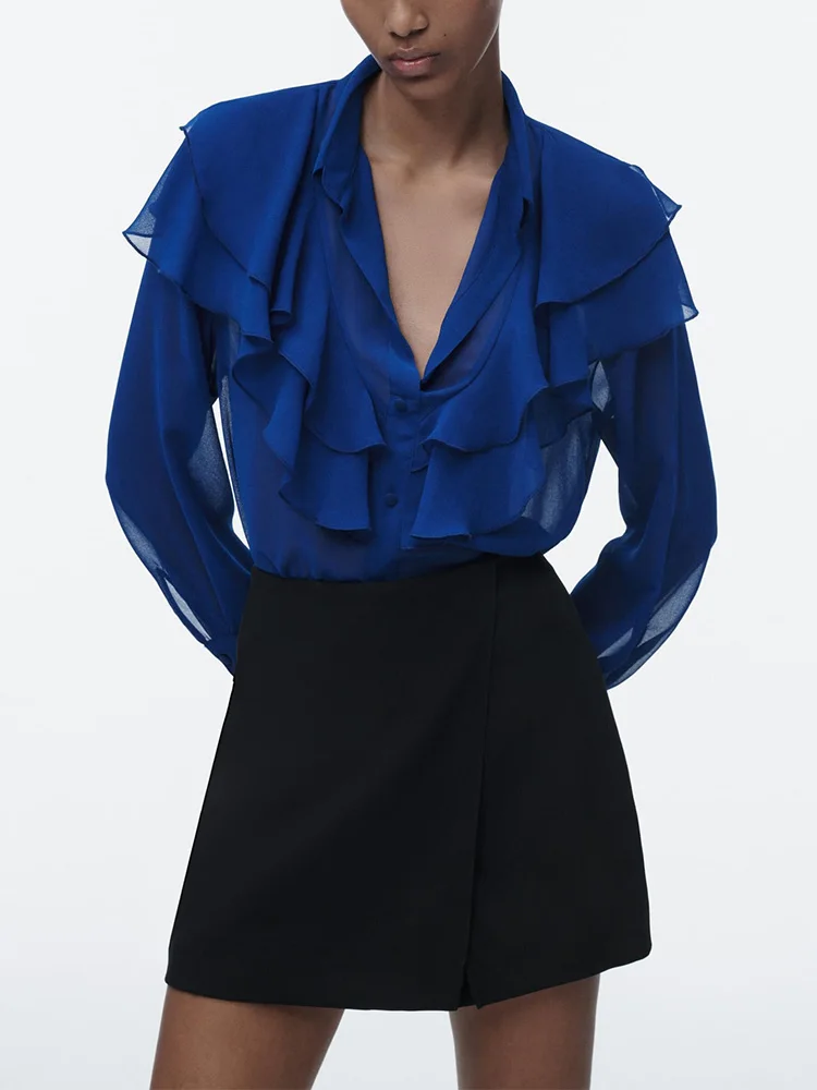 

Women Blouses Tops 2023 Collared V Neck Elegant Ruffle Semi Sheer Blouse Long Sleeve Top Front Button Up Blue Chiffon Blouse
