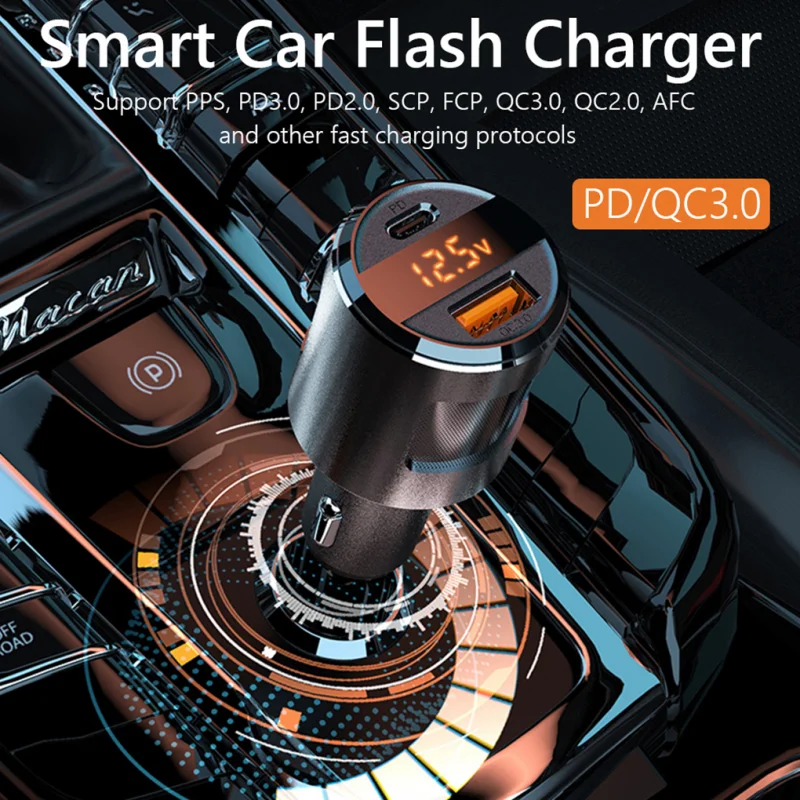 

65W USB Charger Auto Vehicle Car Charger QC3.0 Charging Adapter 5V 4.2A Fast Charger USB-A USB-C Dual Ports for iPhone 12 Pro