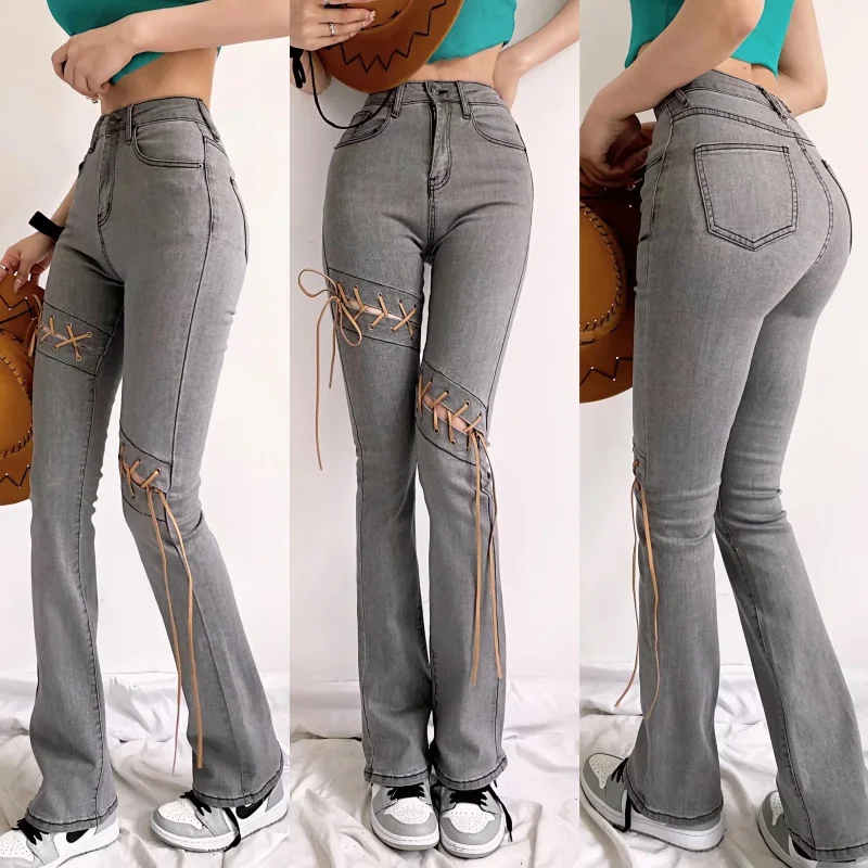 

Винтажные облегающие Женские джинсы WeiYao Y2k с высокой талией, облегающие джинсовые длинные брюки, шикарные расклешенные брюки на шнуровке, уличная одежда в стиле Харадзюку 2023
