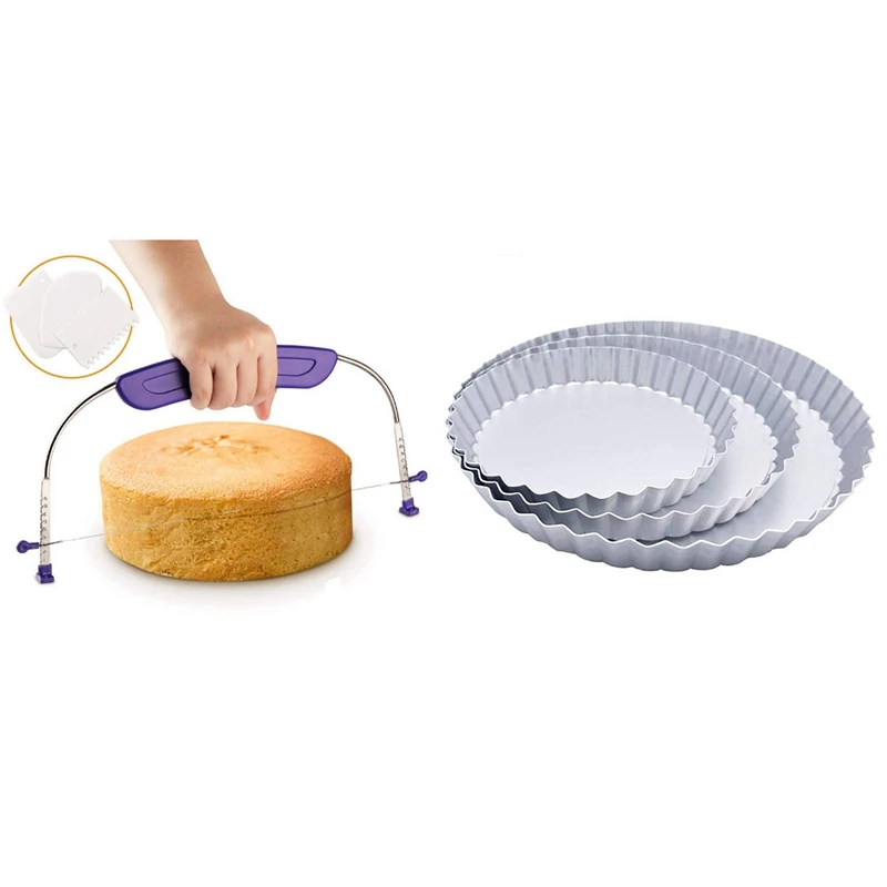 

1 Set DIY Cooking Cake Saw Knife Divider Layer Slicer & 3 Pcs Tart Pan And Quiche Pan With Removable Base