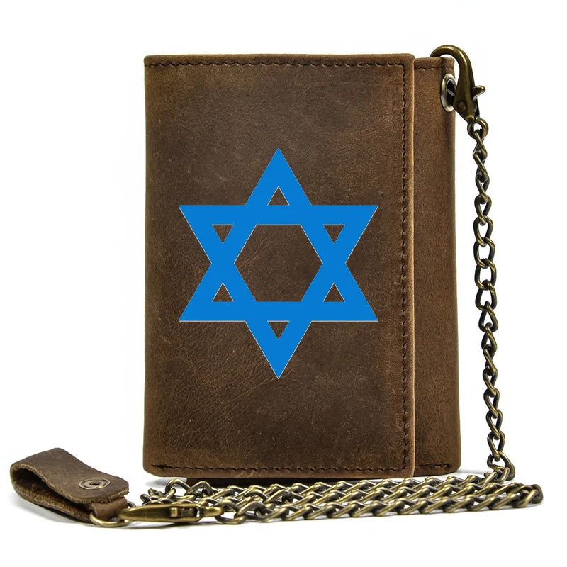 

Genuine Leather Men Wallet Anti Theft Hasp With Iron Chain Classic Mogen David Sign Cover Card Holder Rfid Short Purse BT3657