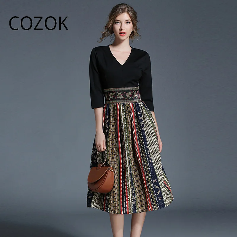 

COZOK Knitted Patchwork Printing Pleated Dress Fashion Retro V-Neck High Waist Chiffon Splicing Long Dress Dresses Woman 2022