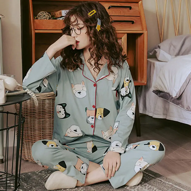 

QWEEK Women's Cotton Pajamas Spring Autumn Sleepwear Teen Girls Home Clothes Pyjamas Cute Puppy Pijamas Suit for Home Loungewear