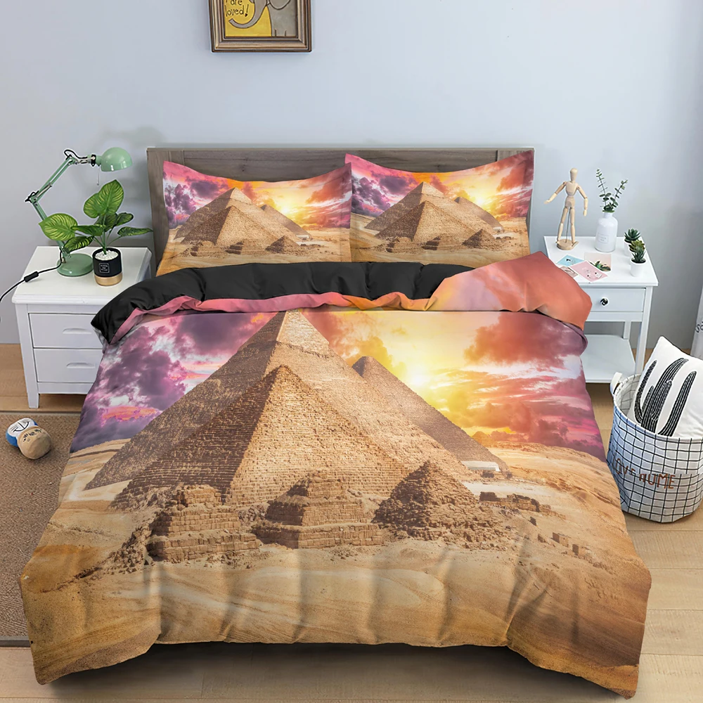 

Retro Egyptian Style Bedding Set 2/3pcs Queen King Size Ancient Egypt Pyramid Quilt/Comforter Cover With Zipper Adult Bedclothes