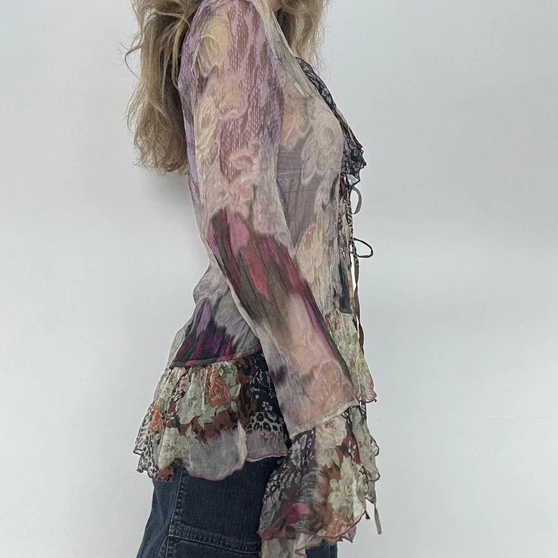 Винтажный сетчатый топ с цветочным принтом привлекательные прозрачные футболки