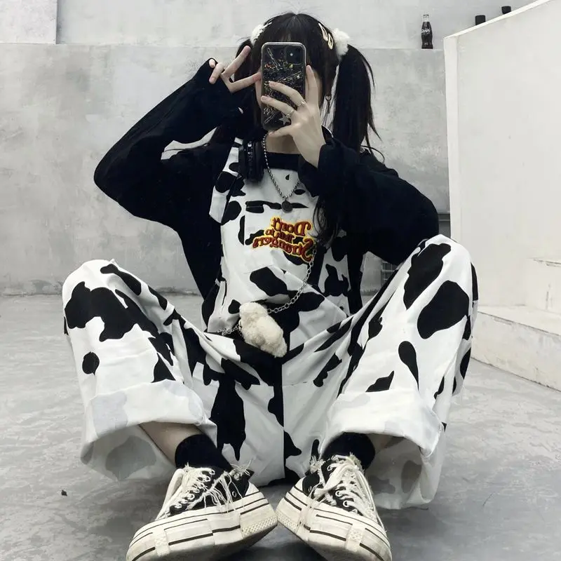 Female Black White Plaid Overalls Casual Jumpsuit Trousers Baggy Pants Street Hip-hop Harajuku Girl Cow Print Onesies for Women