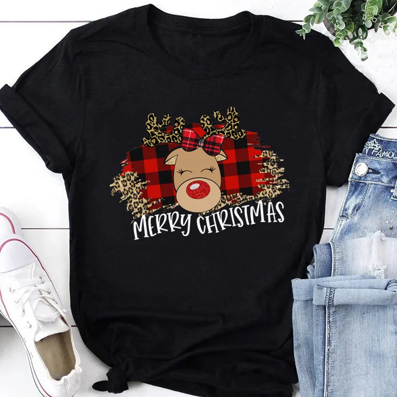 

Kawaii Reindeer Merry Christmas Printed Women T-shirts Fashion Streetwear Y2k Tops Black Short Sleeve Female Clothing