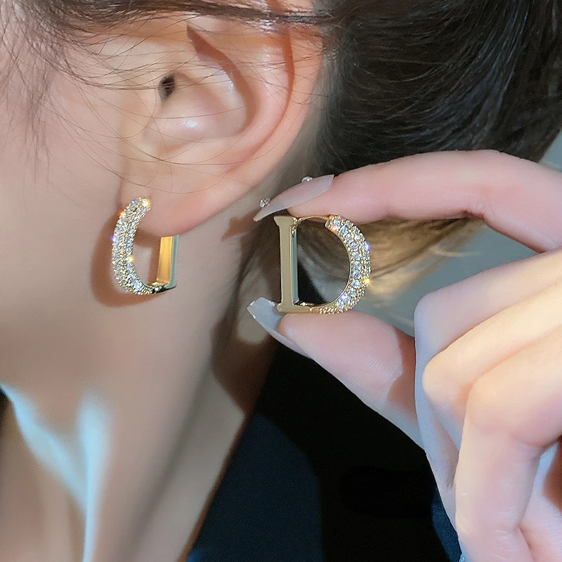 

S925 Silver Letter D Zircon Earrings Anti-loss Ear Loops for Women Engagement Wedding Birthday Party Silver Jewelry