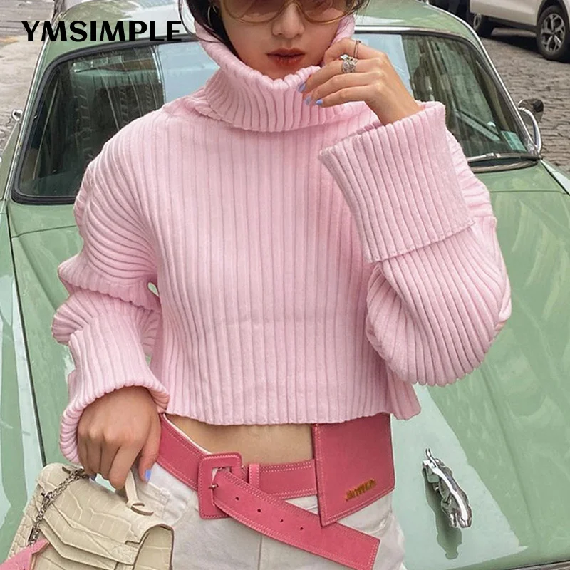 

Women's Turtleneck Short Sweater Streetwear Casual Solid 2022 Autumn Winter Long Sleeve Knitted Y2K Pullover Basic Top Pink