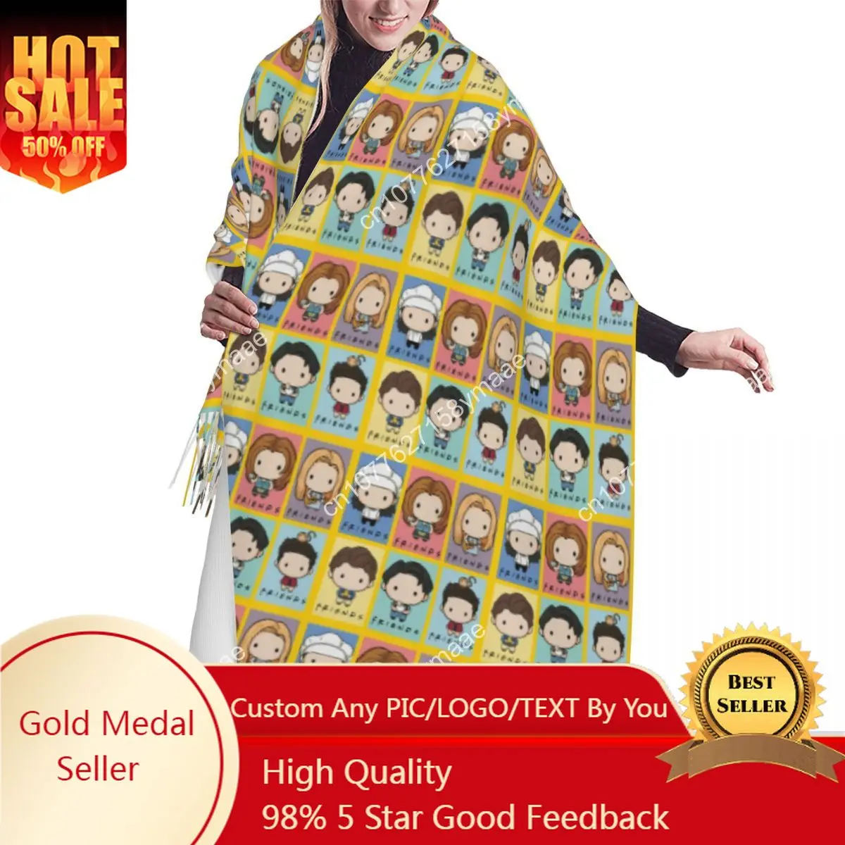 

Custom Funny TV Show Friends Collage Scarf Wrap for Women Long Winter Warm Tassel Shawl Unisex Versatile Female Scarves