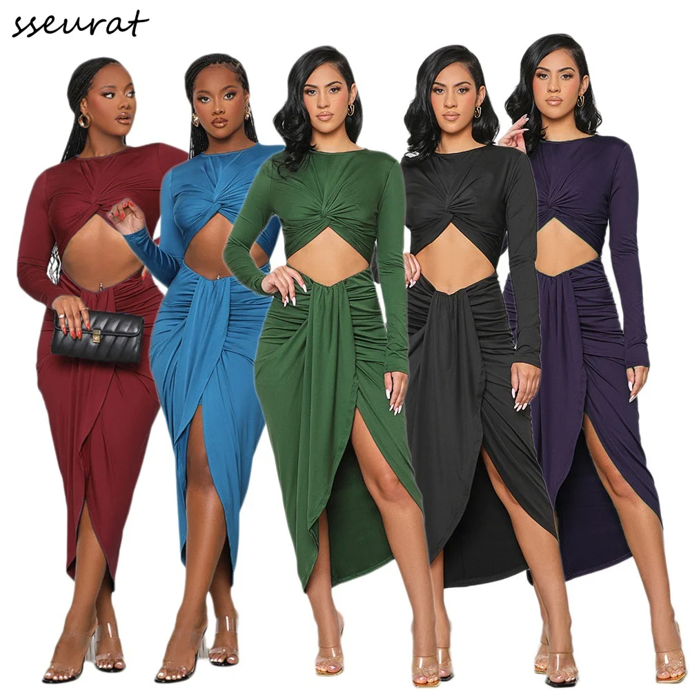 

Women Draped Ruched High Split Cutout Front Long Sleeve Bodycon Irregular Maxi Long Dress Sexy Party Club Dresses