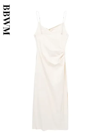 Solid Ruched Dress Woman Bodycon Long Dresses 2023 Summer Backless Dress Vintage Folds Decorate Straps Midi Chic Female Dresses