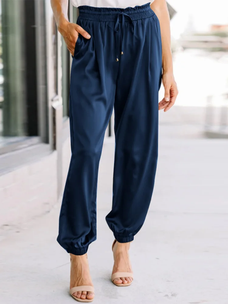 

ZANZEA Spring High Elastic Waist Solid Trousers Elegant Women Long Pencil Pants Casual OL Satin Pantalon Harem Palazzo Turnip