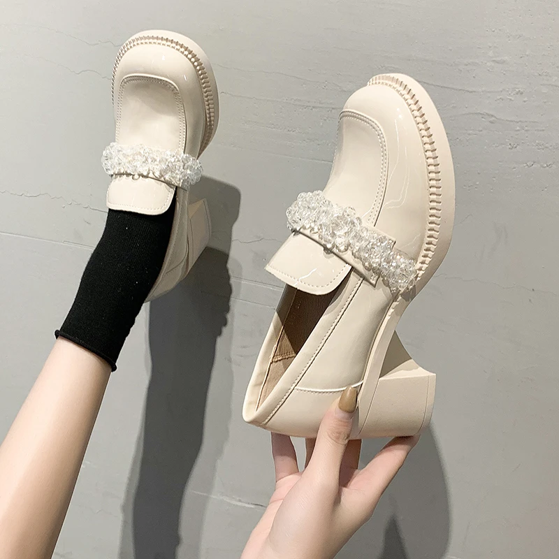 

Shoes Woman 2022 Shallow Mouth British Style Female Footwear Round Toe Oxfords Crystal Casual Sneaker New Preppy Dress Leather S
