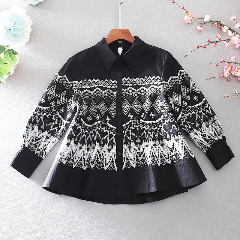 

SuperAen Loose Plus Size Slim Embroidery Turn Down Collar Cardigan Shirt Fashion Womens Tops