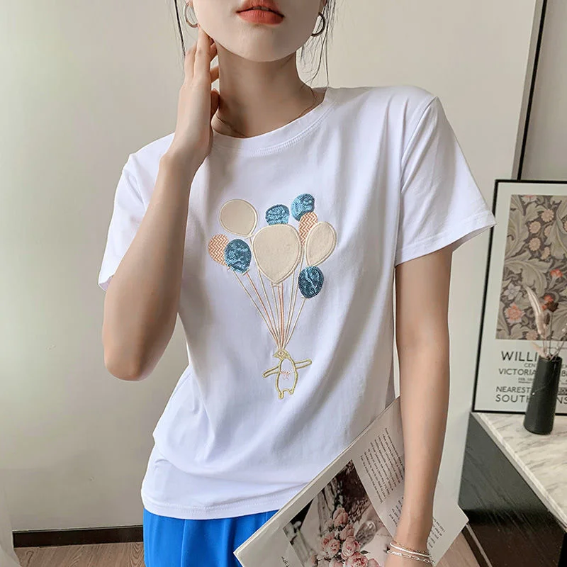 

Sequin Embroidered Short Sleeve T-shirt Women's Summer New Pure Cotton Half Sleeve Ins Trendy Korean White Bottom Shirt