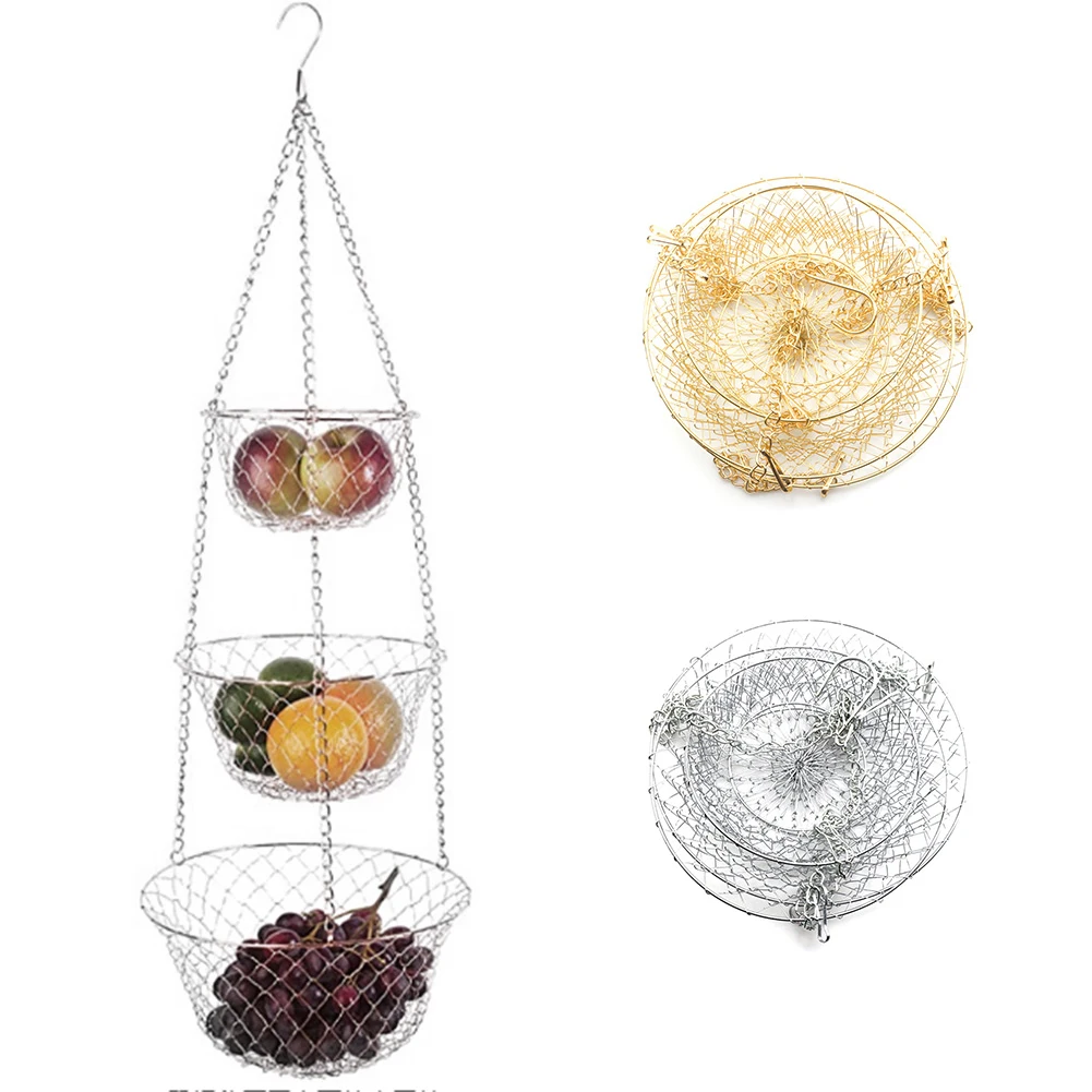 

3-уровневая кухонная подвесная корзина для фруктов, серебристая, золотистая проволока, складная, дизайнерская, экономичная кухонная стойка ...