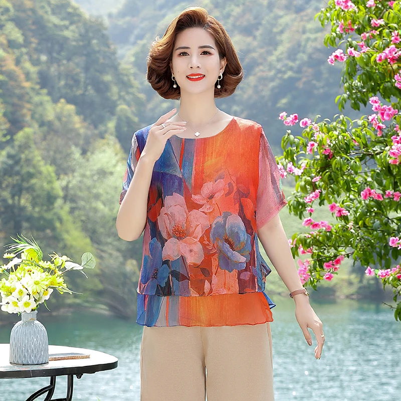 

Chiffon Shirt Women Breathable Casual Short Sleeve Oversize Tops Summer O Neck Boho Style Female loose Shirts