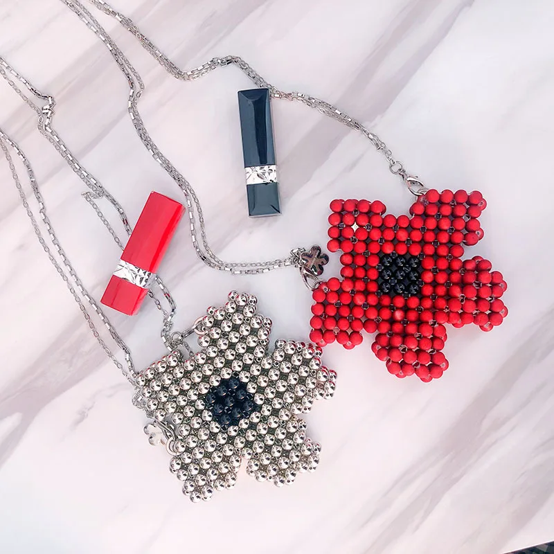 

Mini One-shoulder Red Flower-shaped Beaded Hand-woven Bag Five-leaf Flower Crossbody Small Change Lipstick Bag Plum Chain Bag
