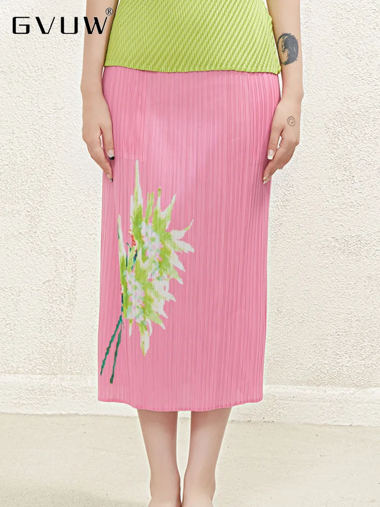 

GVUW Print Floral Hip Wrap Skirts Women's Elastic Waist Splited Female Elegant Fashion 2023 Summer Causal Mid-calf Skirt 17J1510