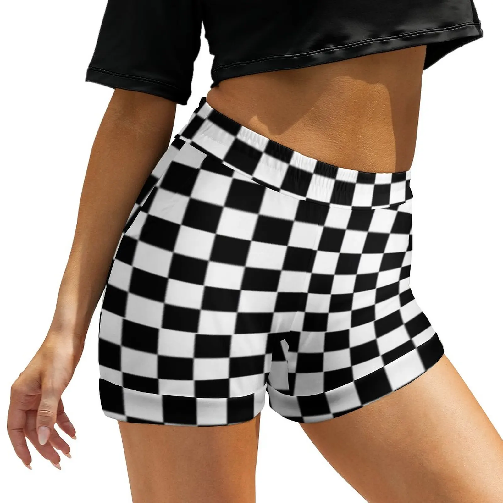 

Black And White Plaid Shorts Women Checkerboard Print Casual Printed Shorts Elastic Waist Oversize Short Pants Cute Bottoms