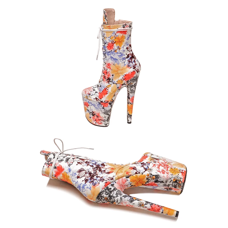 Leecabe  20CM/8inches flower pattern upper ankle platform Pole Dance boot